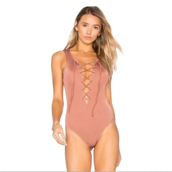 Revolve Tularosa Nile Bodysuit Lace Up Tie Front Blush Pink Satin Size XS - Picture 1 of 16